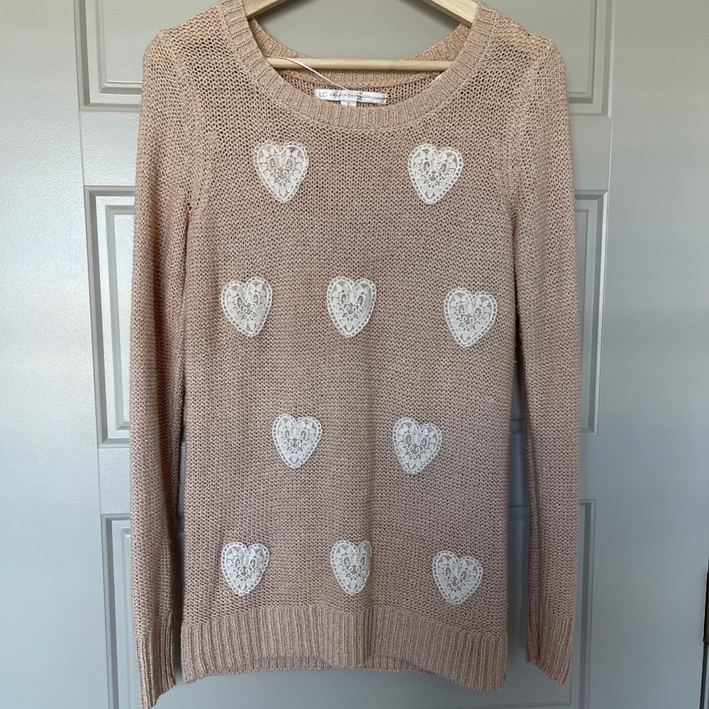 🤍 Lauren Conrad Beige & Gold Glitter & Lace Heart Patched Sweater 🤍